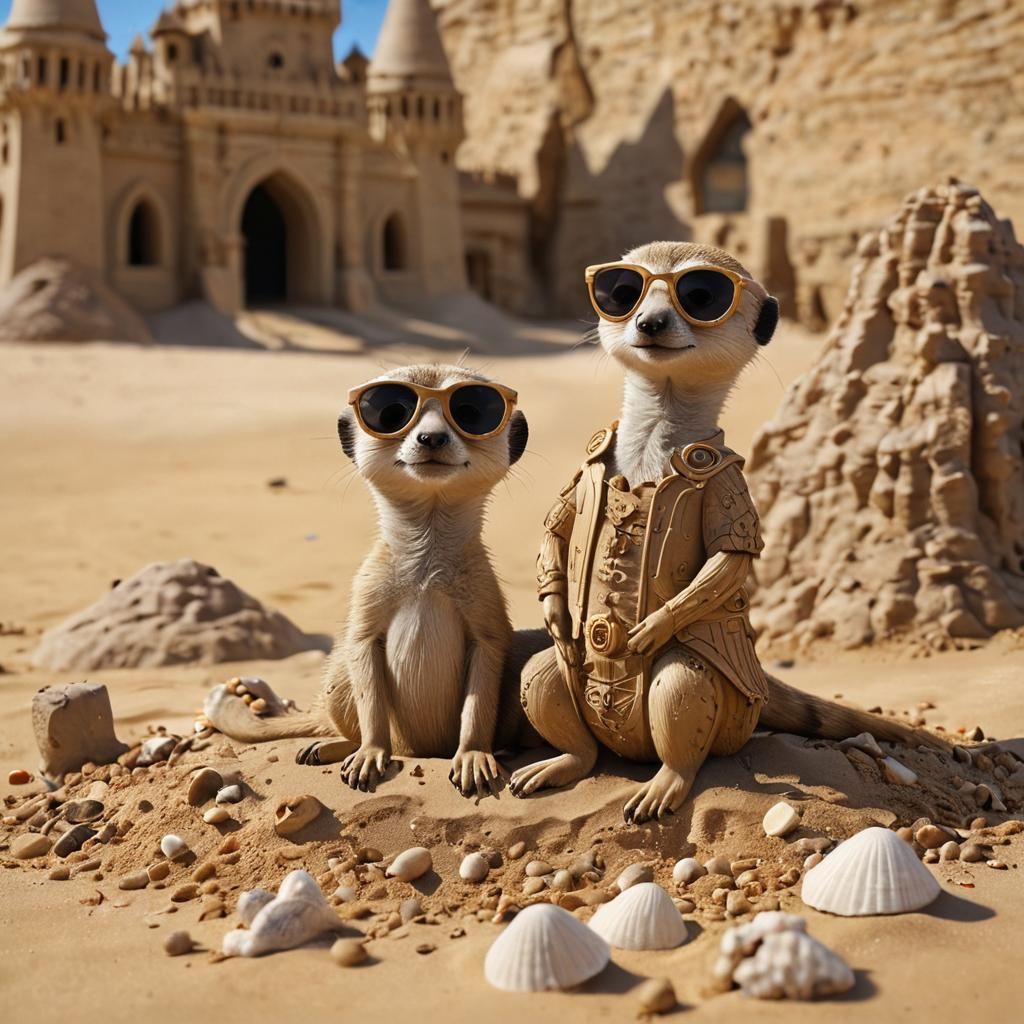 Meerkat Builds Sandcastle: Surreal Digital Art