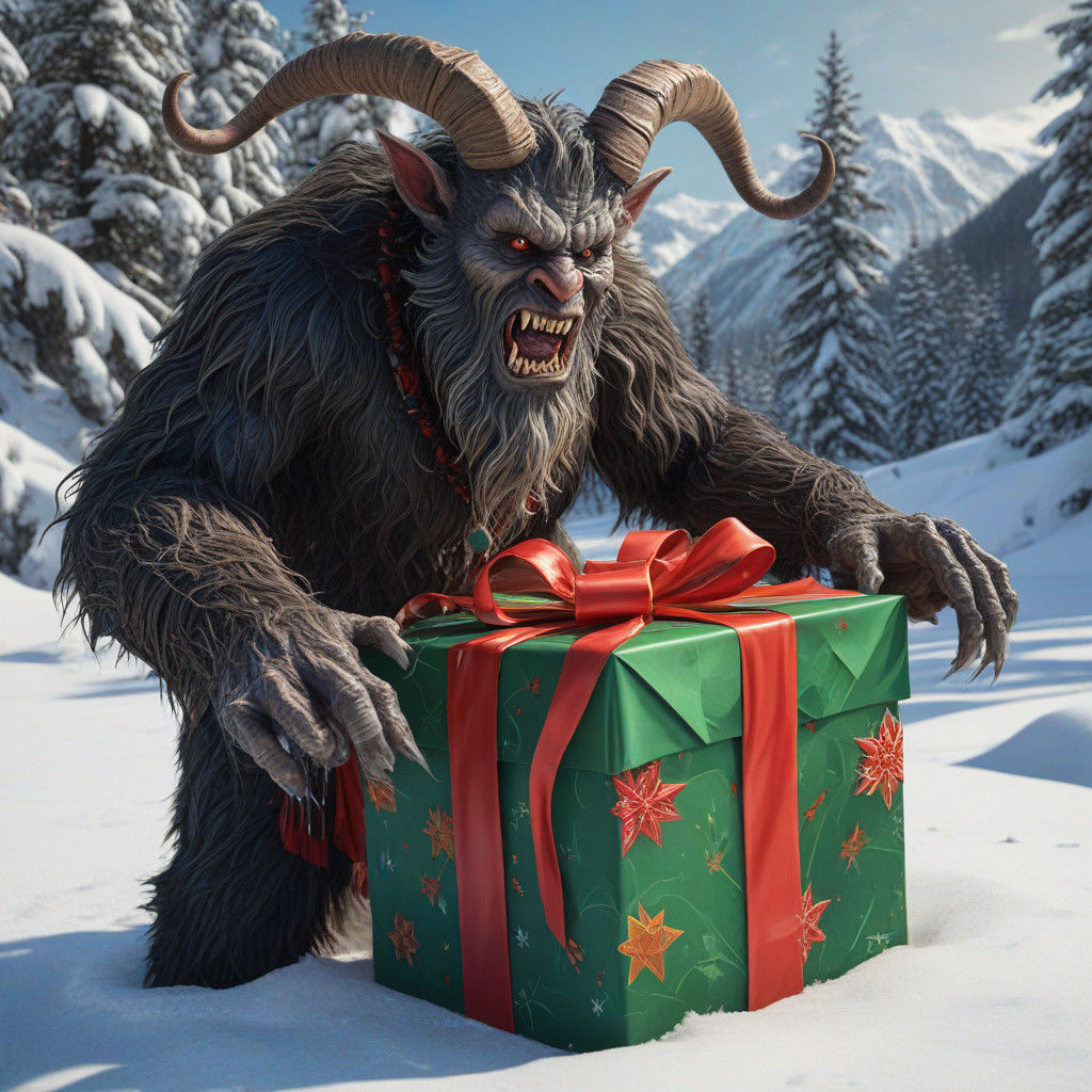 Krampus Steals Christmas Present in Snowy River Landscape of...