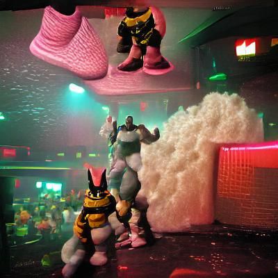 Rocksteady and beebop at a strip club filled with foam