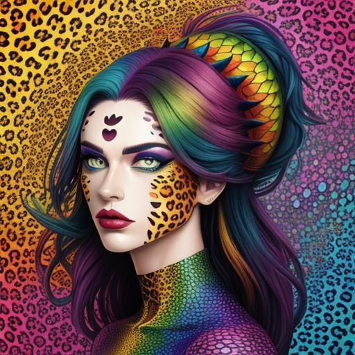 Woman with Rainbow Dragon Scales in Abstract Art