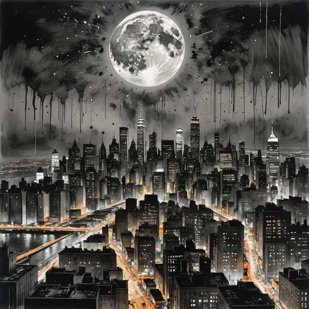 Vibrant Cityscape Moonrise in Ink Splatter Style