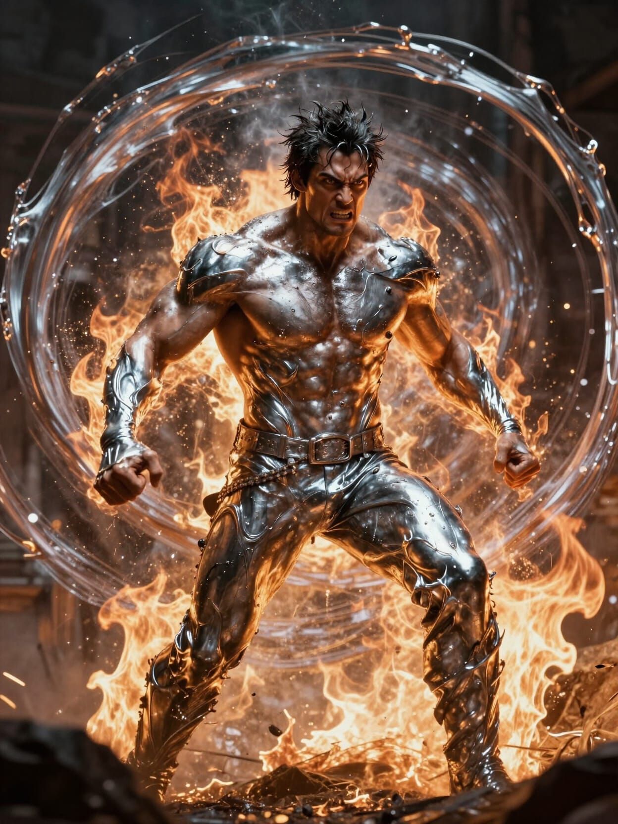 Muscular Man Defies Liquid Metal and Flames