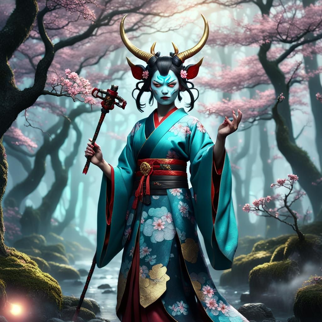 Mystical Oni Yokai in Eerie Forest: Art Nouveau