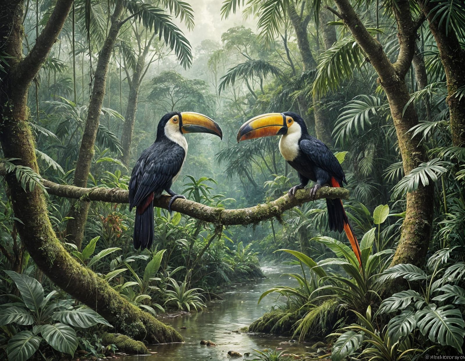 Toucan in Rainforest, Romantic Landscape Oil Painting