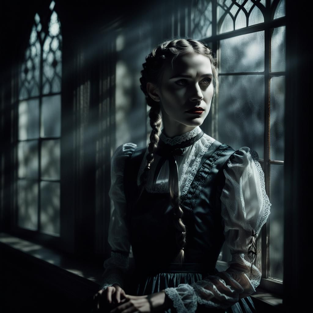Gothic Maiden Gazing Through Window in Dark Fantasy