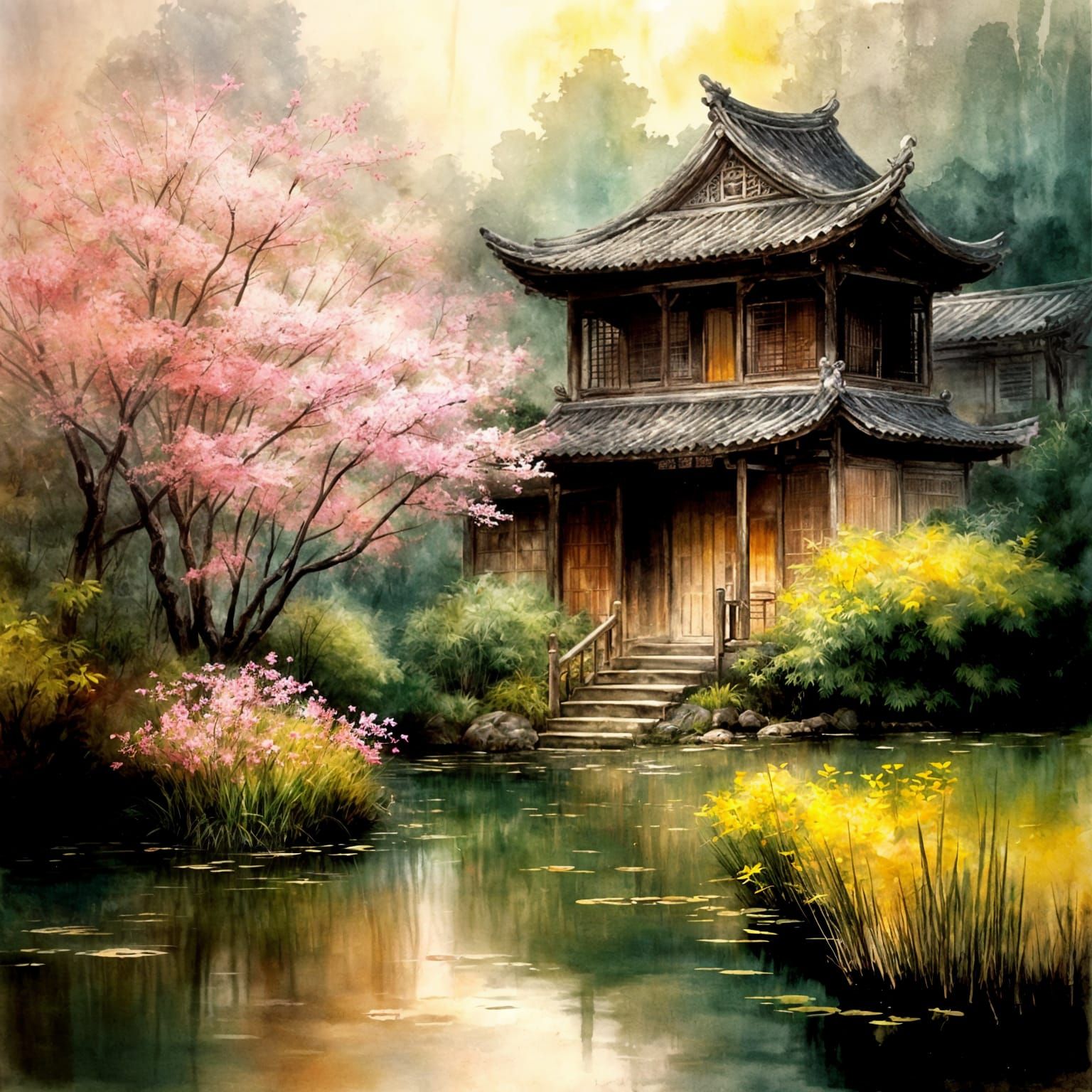 Ancient Chinese House in Lush Garden