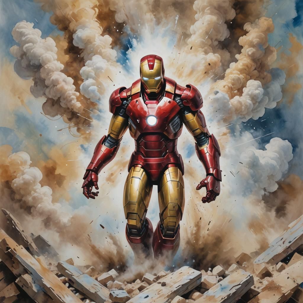 Iron Man in Gouache Style, Impressionist Masterpiece