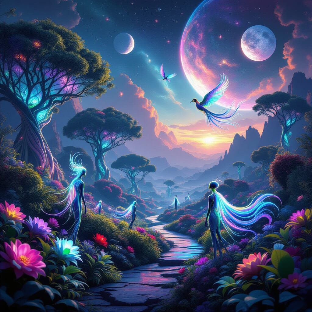 Alien Garden on Distant Planet with Bioluminescent Flora