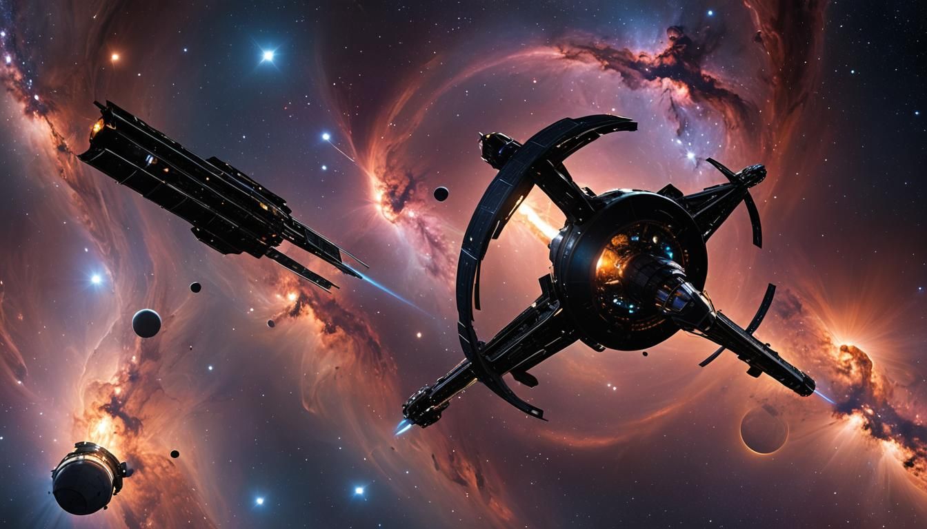 Futuristic Fuel Station Orbiting Nebula in Space