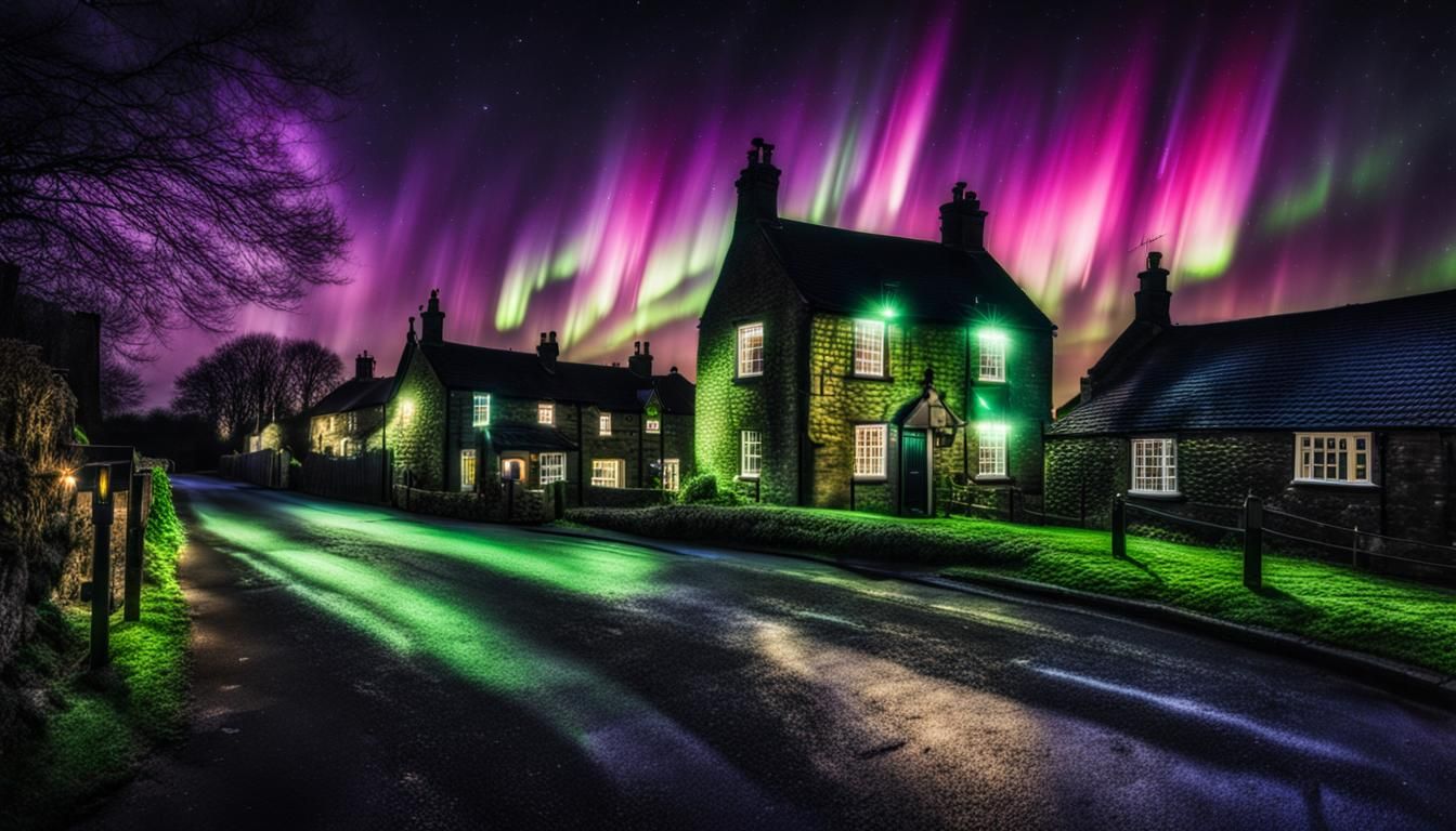 Yorkshire Village Northern Lights Hyperrealistic Image