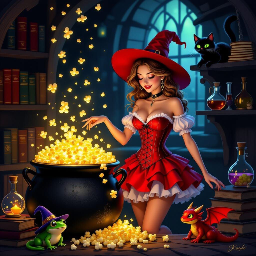 Elegant Witch with Popcorn Cauldron and Dragon