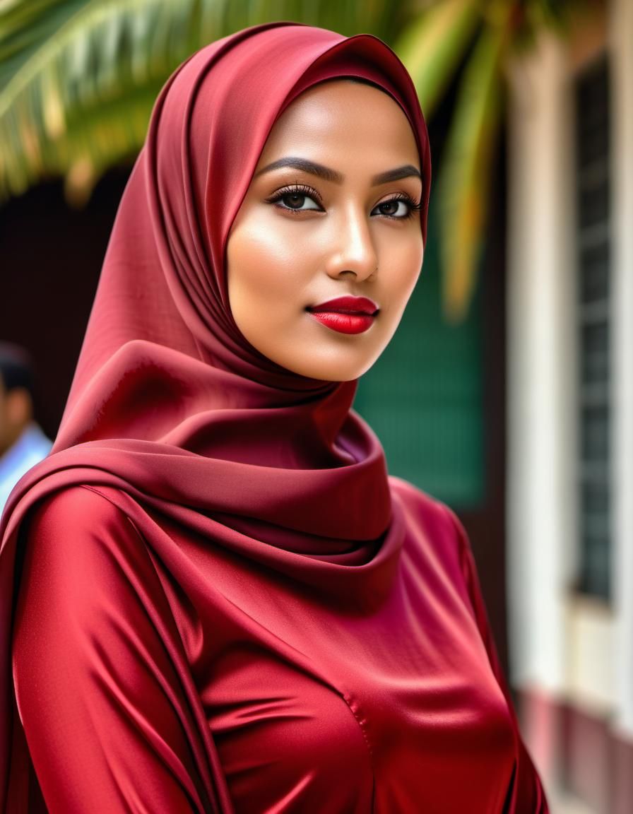 Beautiful Indonesian Woman in Red at Polling Station