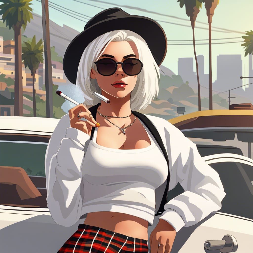 Young Woman with White Hair Smoking, in GTA Style