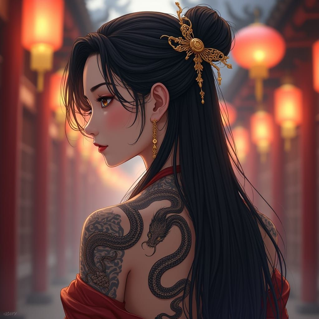 Elegant Chinese Woman with Enigmatic Face and Majestic Snake...