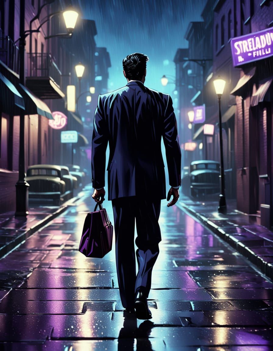 Mysterious Man in Rainy City Night, Film Noir Style