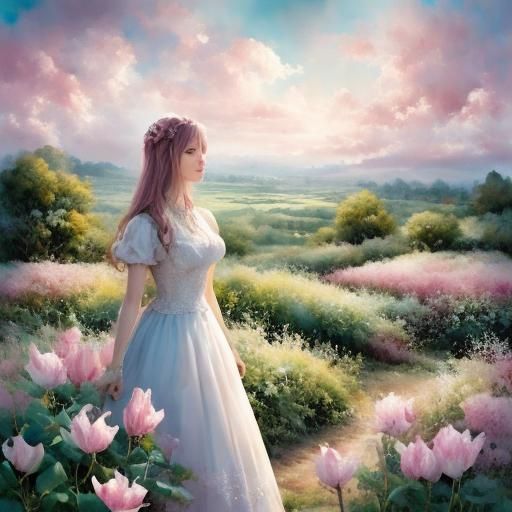 Girl in Garden with Abstract Spin Glow Effect