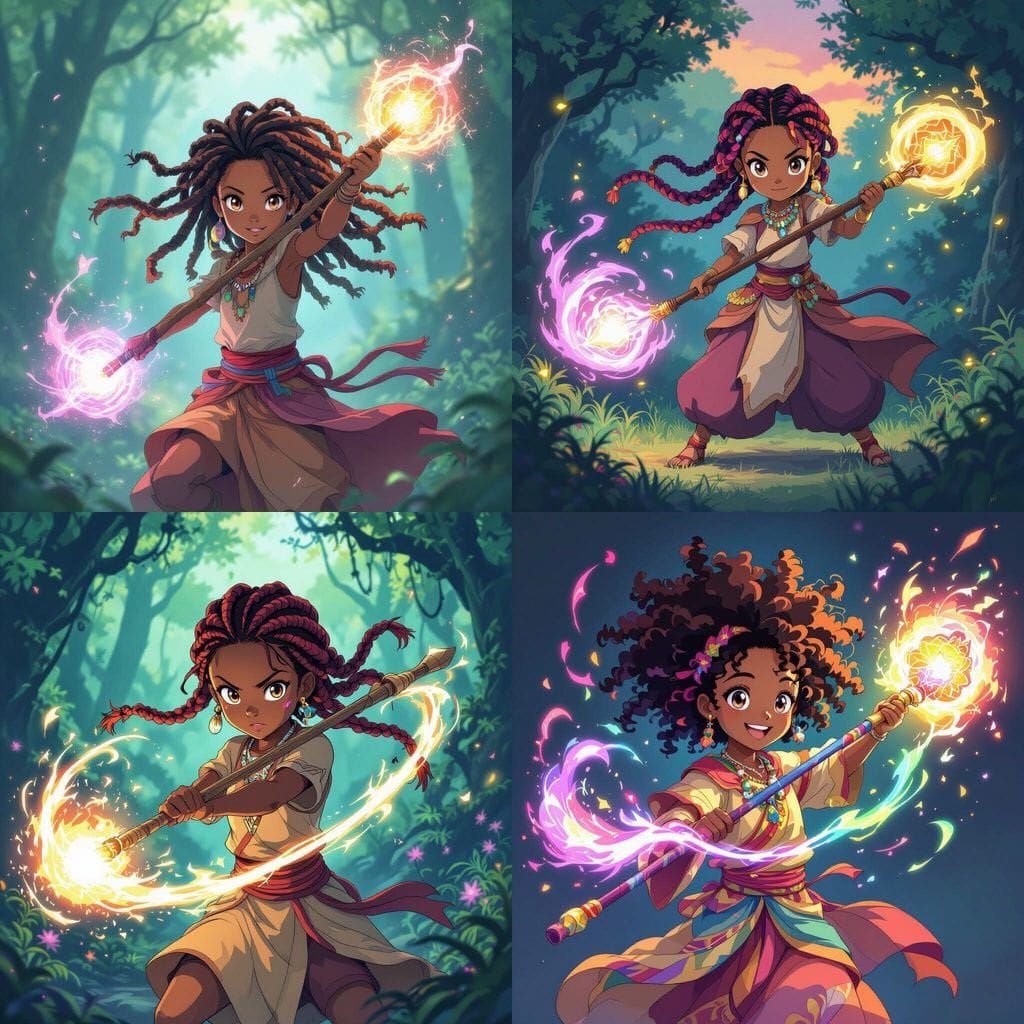 Anime African Girl Wields Magic Staff