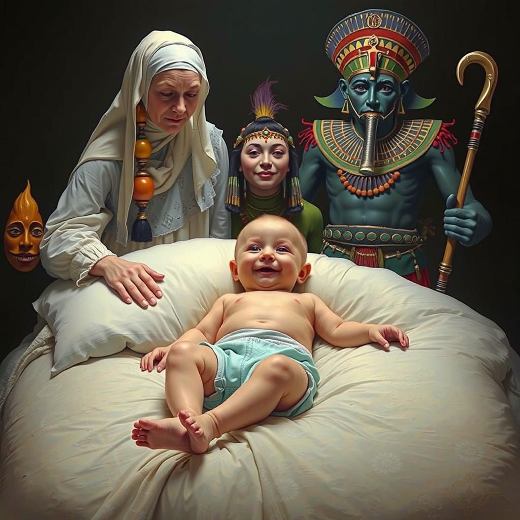 Smiling Baby Protected by Warriors: Surreal Psychedelic Art
