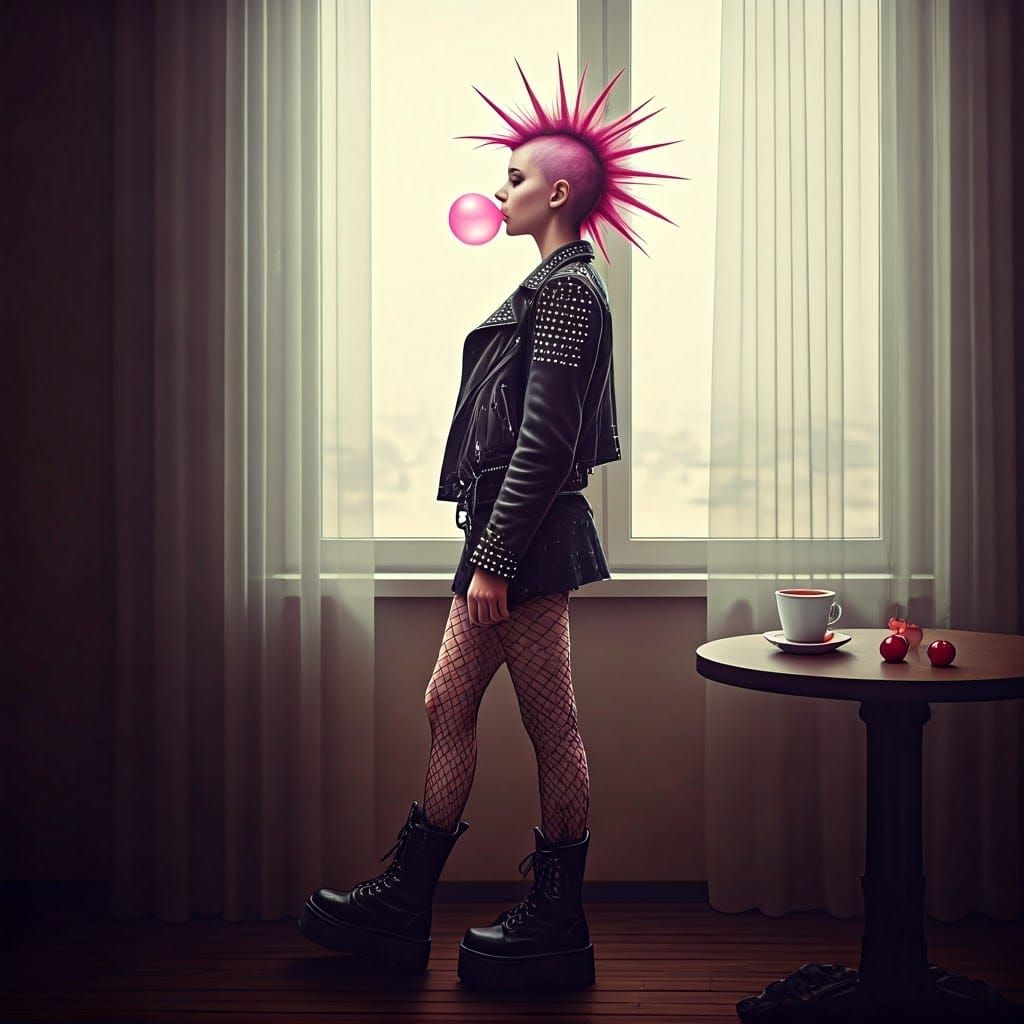 Surrealist Punk Goddess Blows Bubblegum Bubble