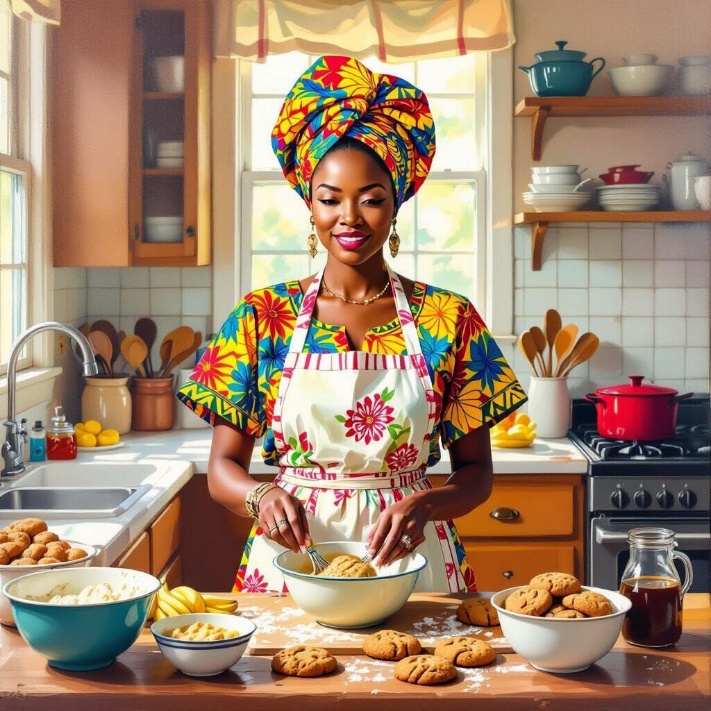 Vibrant African Queen Baking, in Kehinde Wiley Style