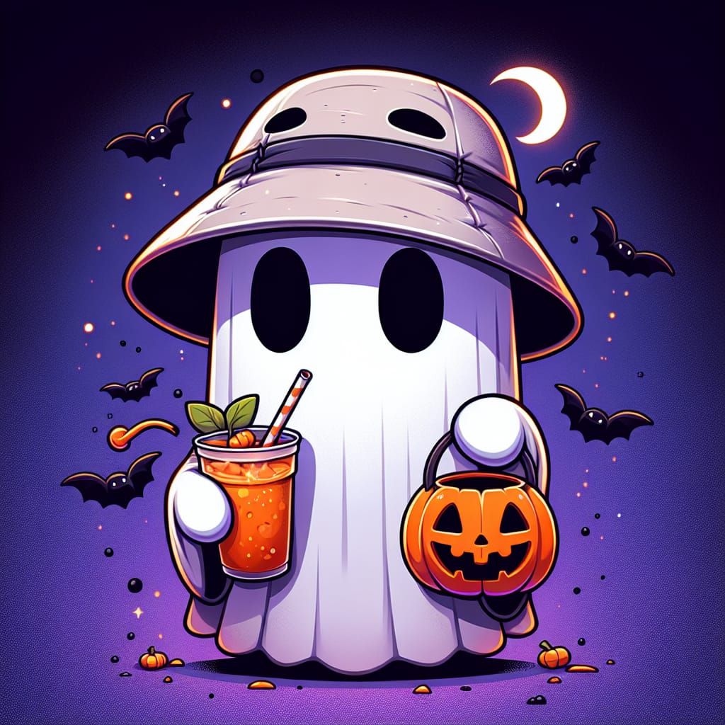 Chibi Ghost with Jack-o'-Lantern Hat in Matte Painting Style