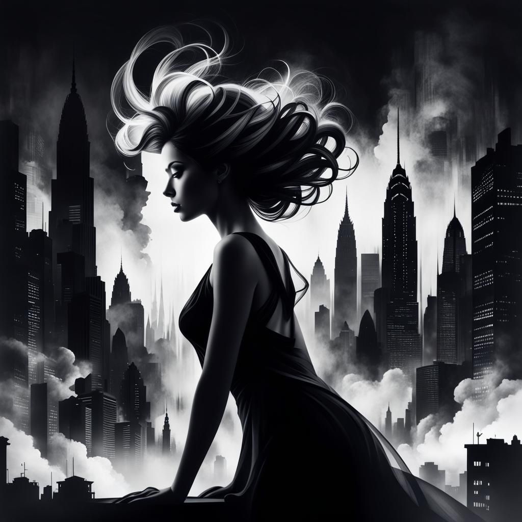 Monochromatic Silhouette: Woman and Cityscape