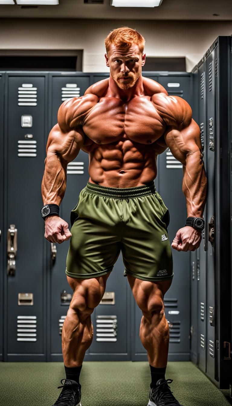 Muscular Ginger Bodybuilder Flexing Biceps in Locker Room