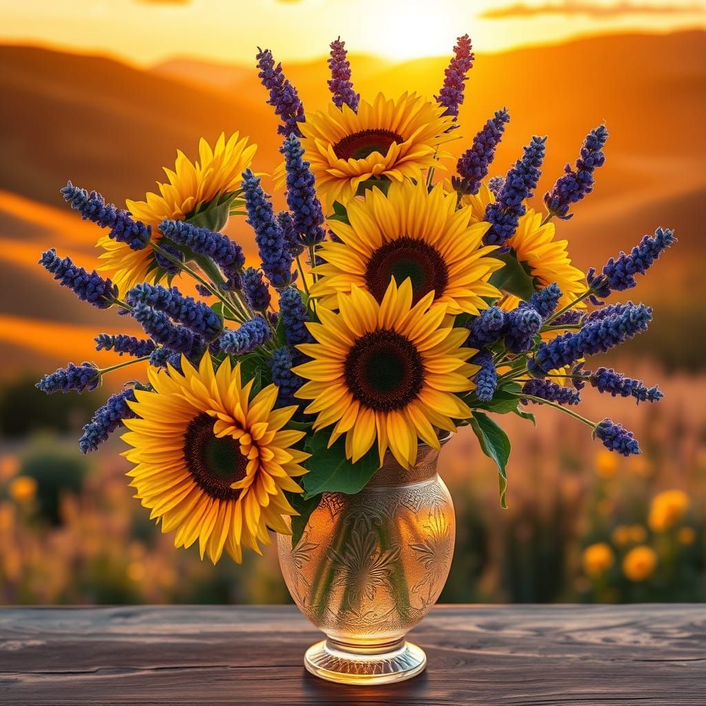 Sunflowers and Lavender in Art Nouveau Style