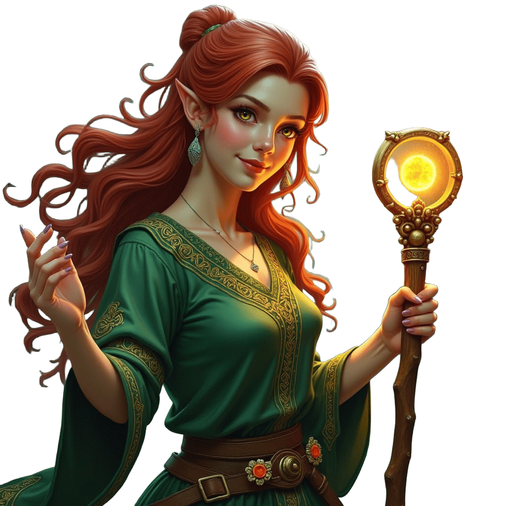 Red-Haired Elf Adventurer Casting a Spell in Dungeon