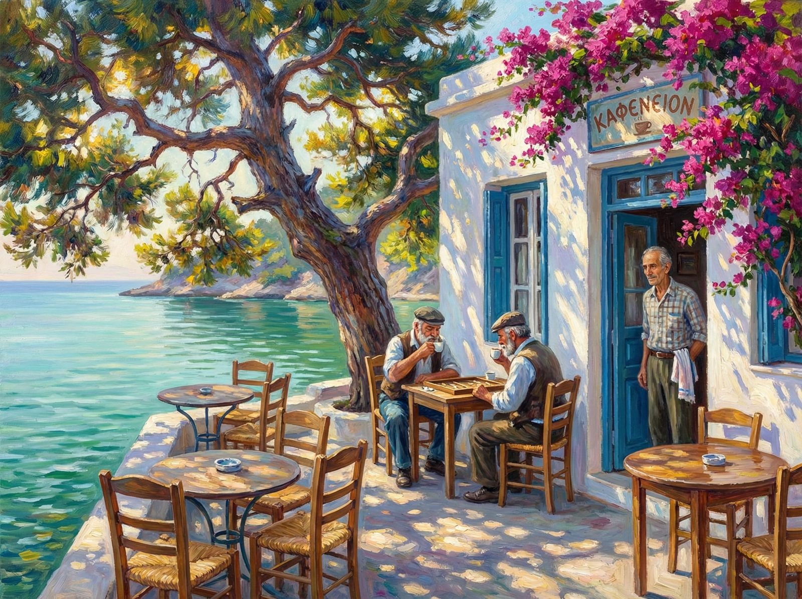 Greek Island Cafe Scene in Impressionist Oil Style