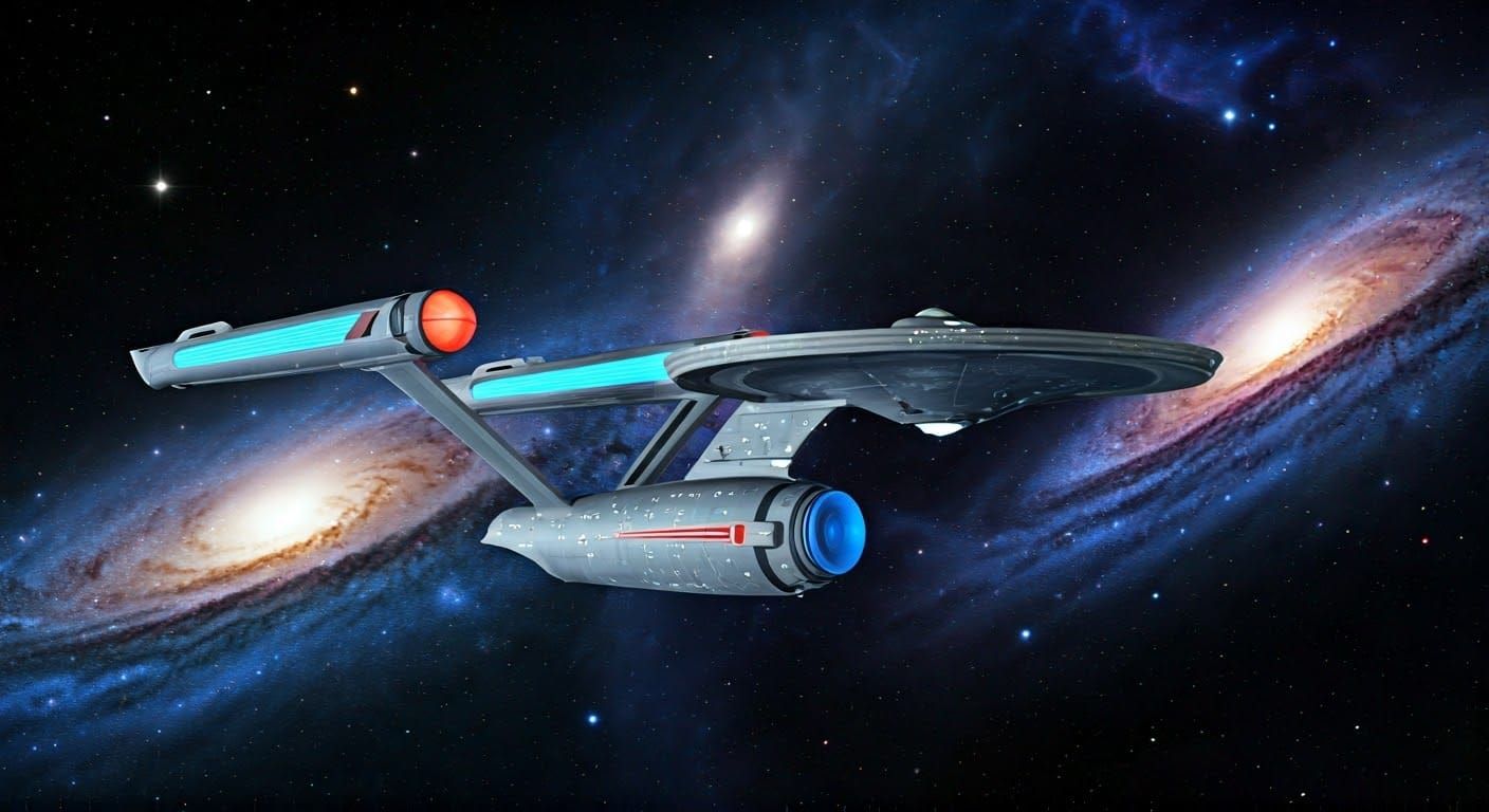 Semi-Transparent USS Enterprise in Cosmic Landscape