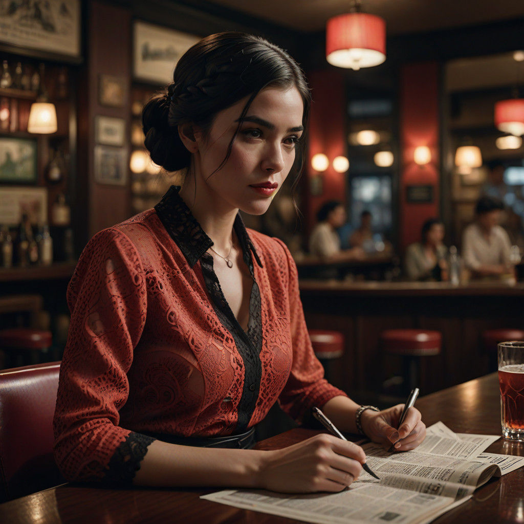 Elegant Woman in Red Leather and Lace, Cinematic Lighting