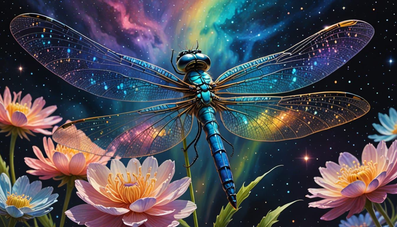 Romantic Cosmic Dragonfly in Vibrant Watercolor