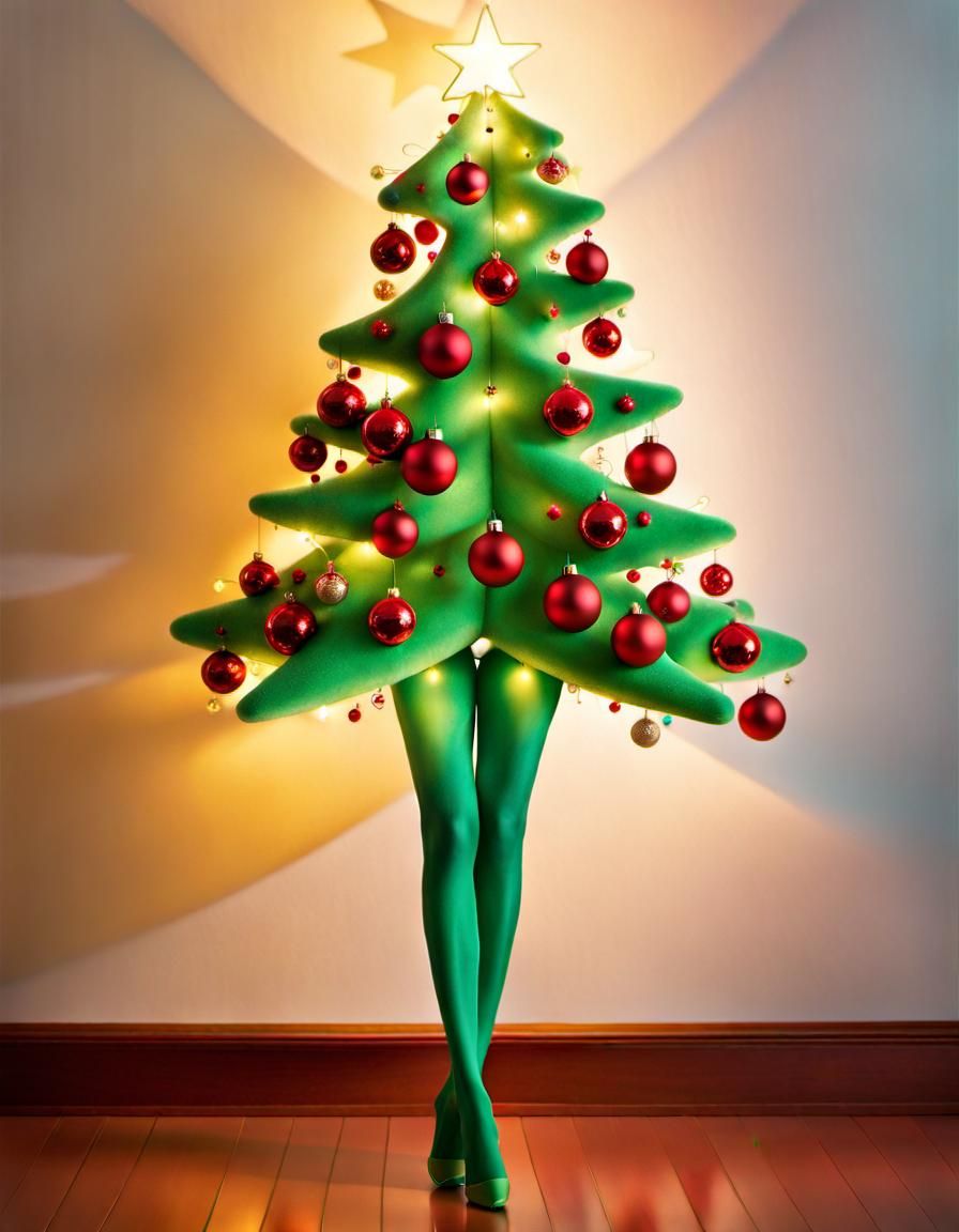 Red Christmas Tree with Green Pantyhose Legs