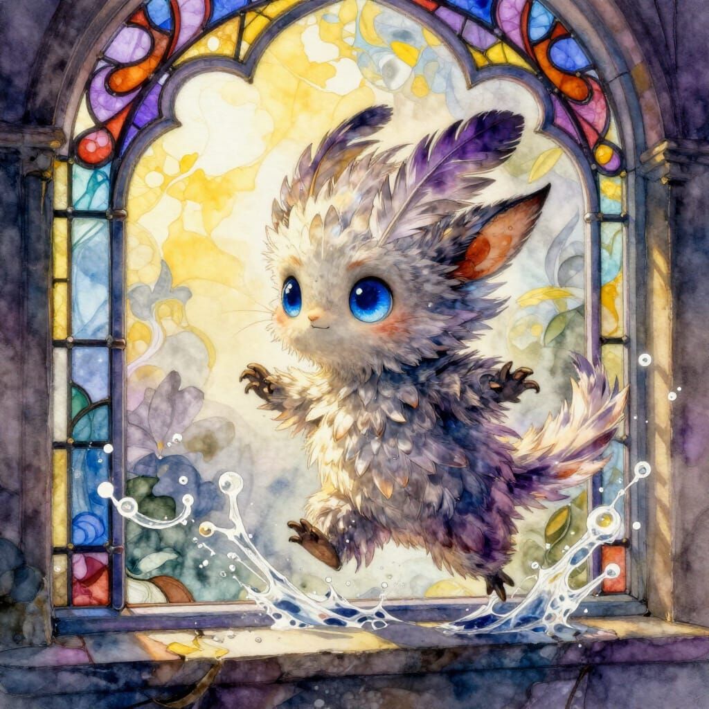 Fluffy Creature by Stained Glass Window in Watercolor Style