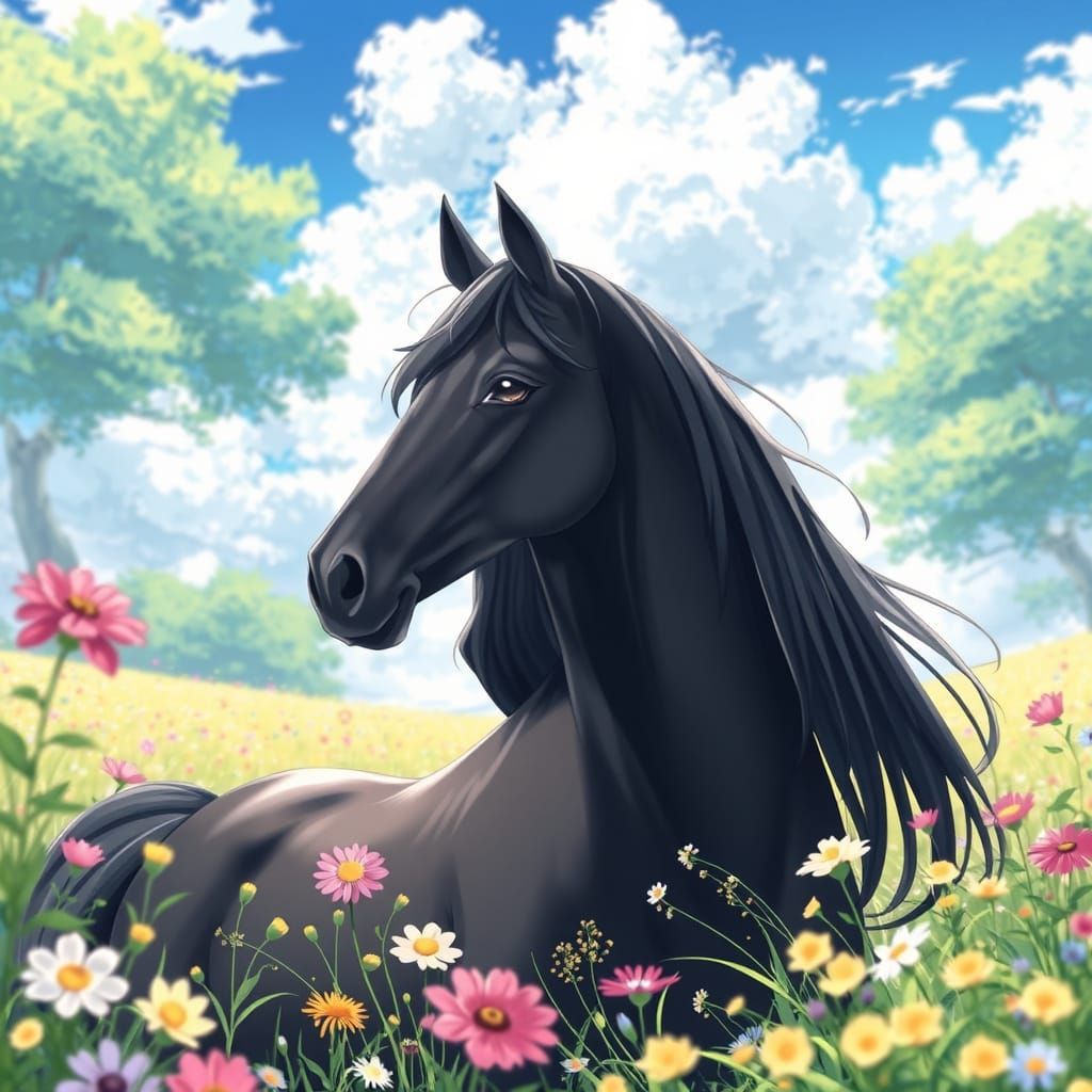 Black Horse in Flower Meadow: Anime Style