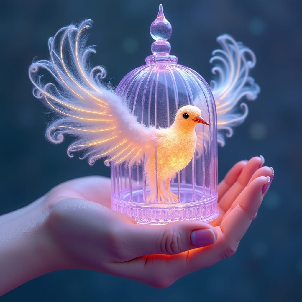Angel's Hand Cradles Birdhouse, Whimsical Illustration
