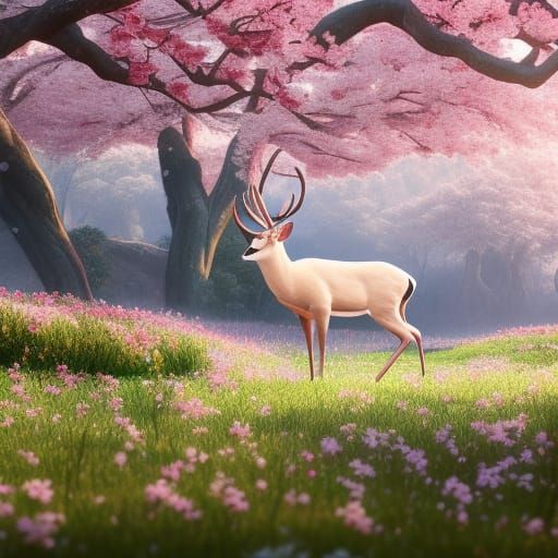 White Deer in Cherry Blossom Garden