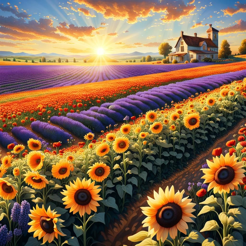 A vast flower fields, each bursting with vibrant colors under the warm golden rays of the afternoon sun.