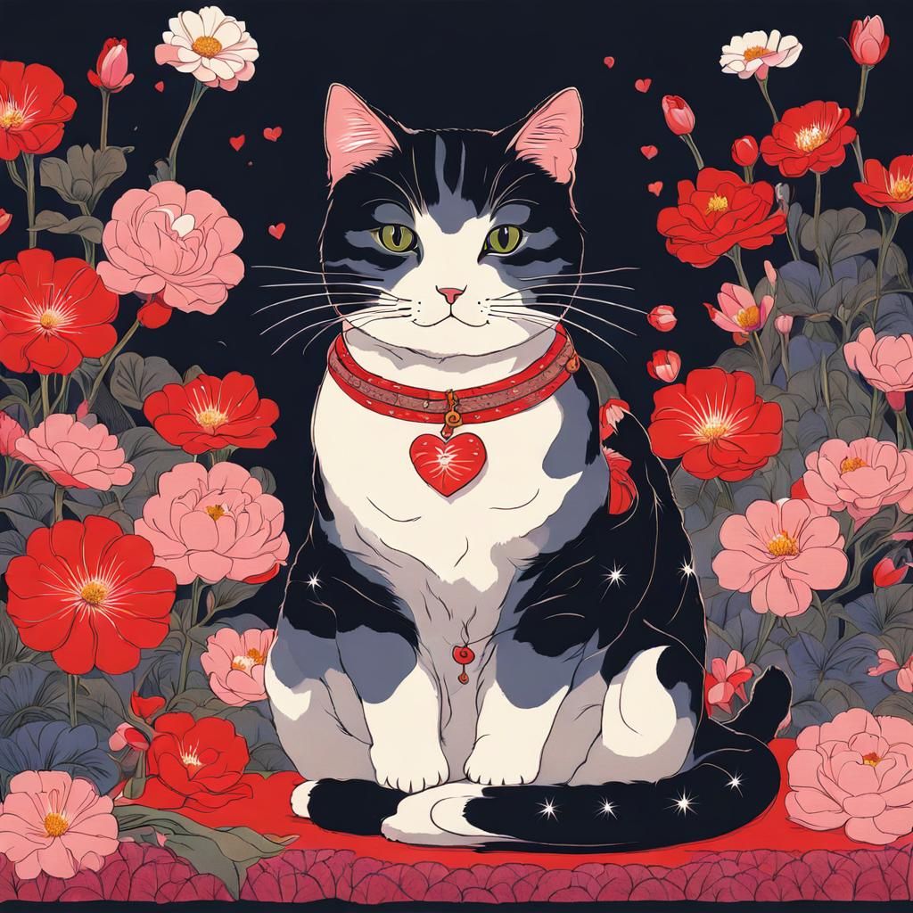 Cat on Pillow with Flowers and Heart Lights