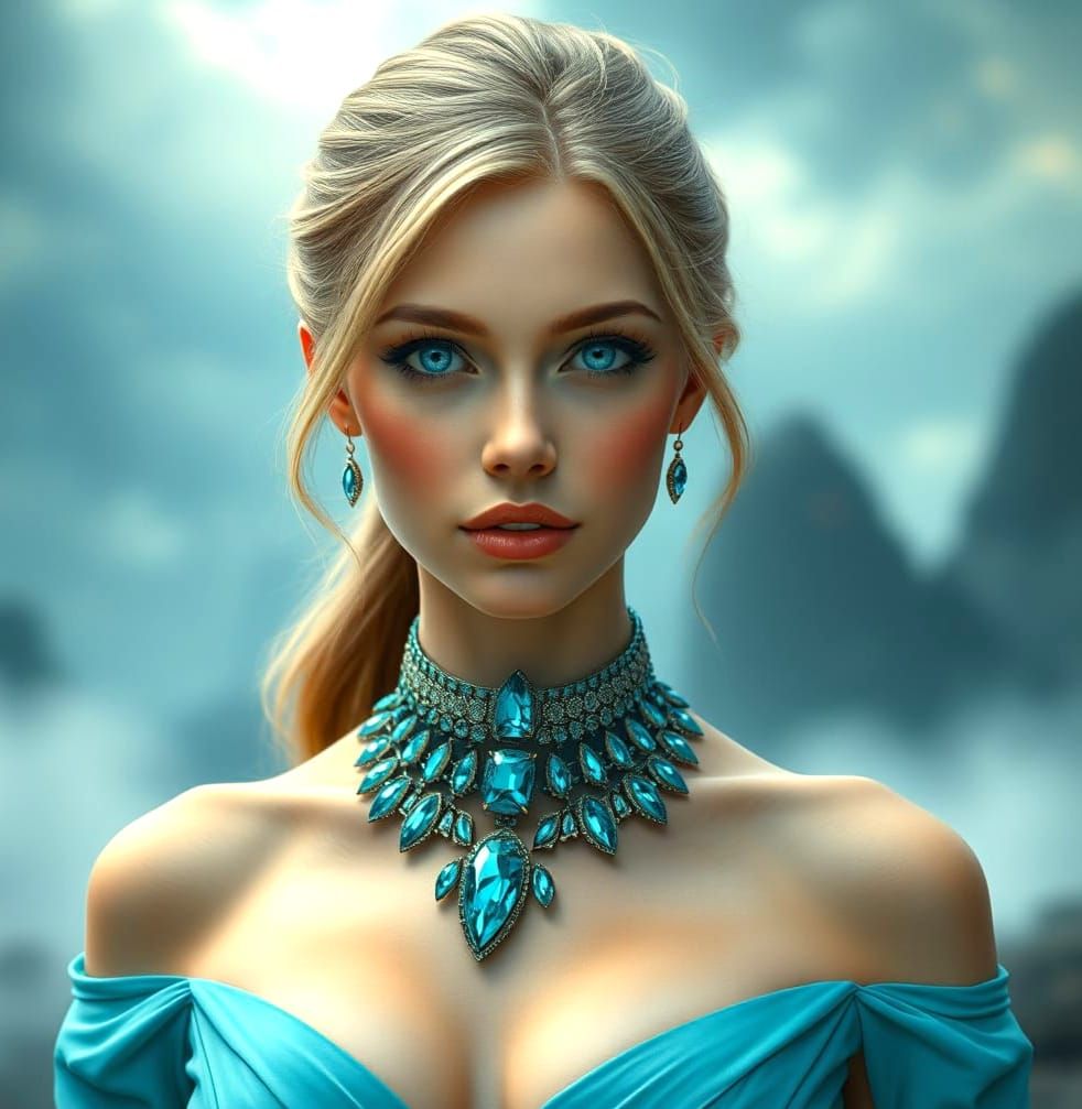 Blue-Eyed Woman in Turquoise Dress, Digital Matte Painting