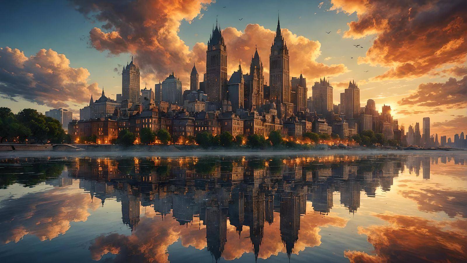 Watercolor City in the Clouds at Sunset