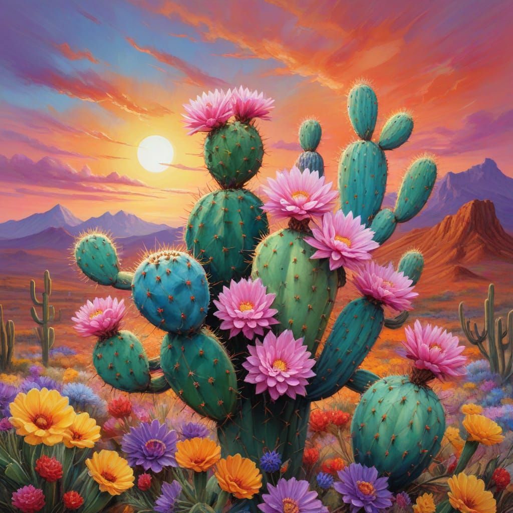 Surrealist Impasto Painting of Blooming Cactus at Sunset