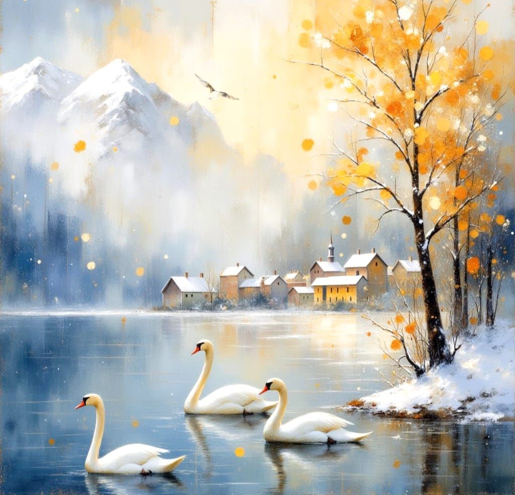 Swans Fly from Snowy Lake: Impressionist Watercolor