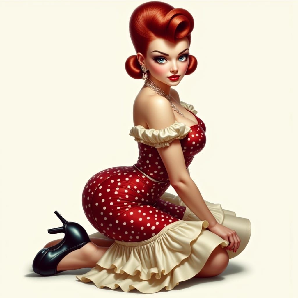 Vintage Pin-Up Girl in Polka Dot Dress