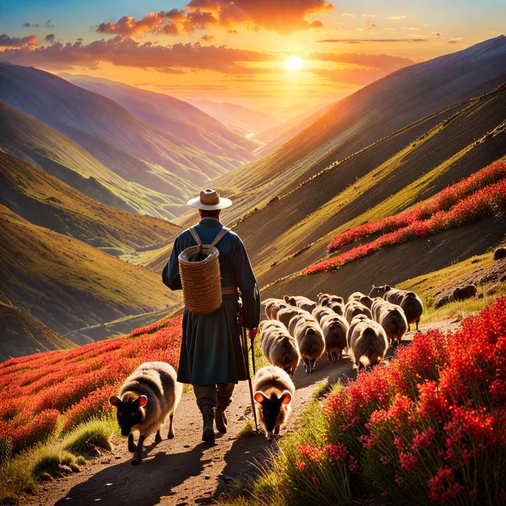 Shepherd's Sunrise Procession in Hyperrealistic Style