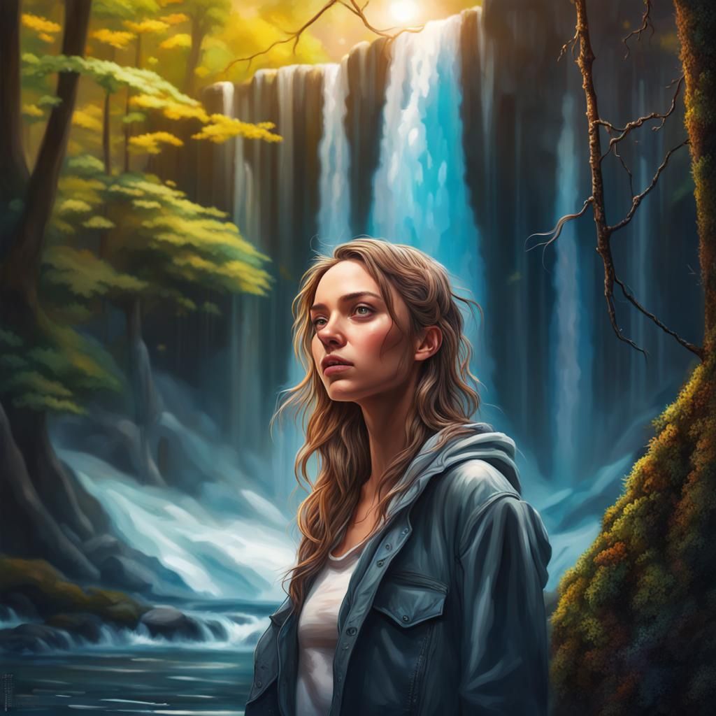Girl in Waterfall Forest: Hyperrealistic Splash Art