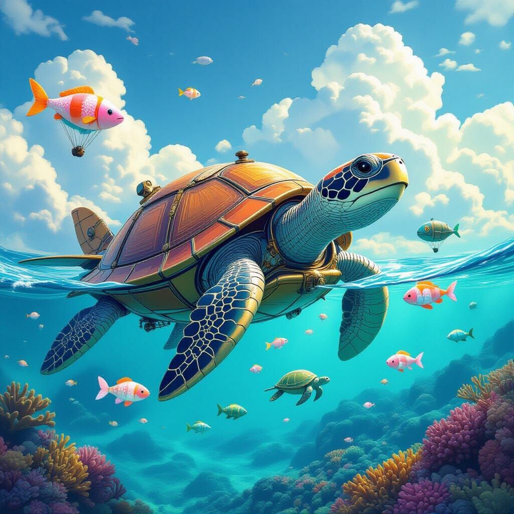 Turtle Airship Soaring Through Coral Reef Sky as Matte Paint...