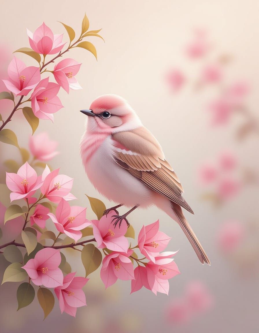 Fluffy Pink Bird on Bougainvillea in Spring