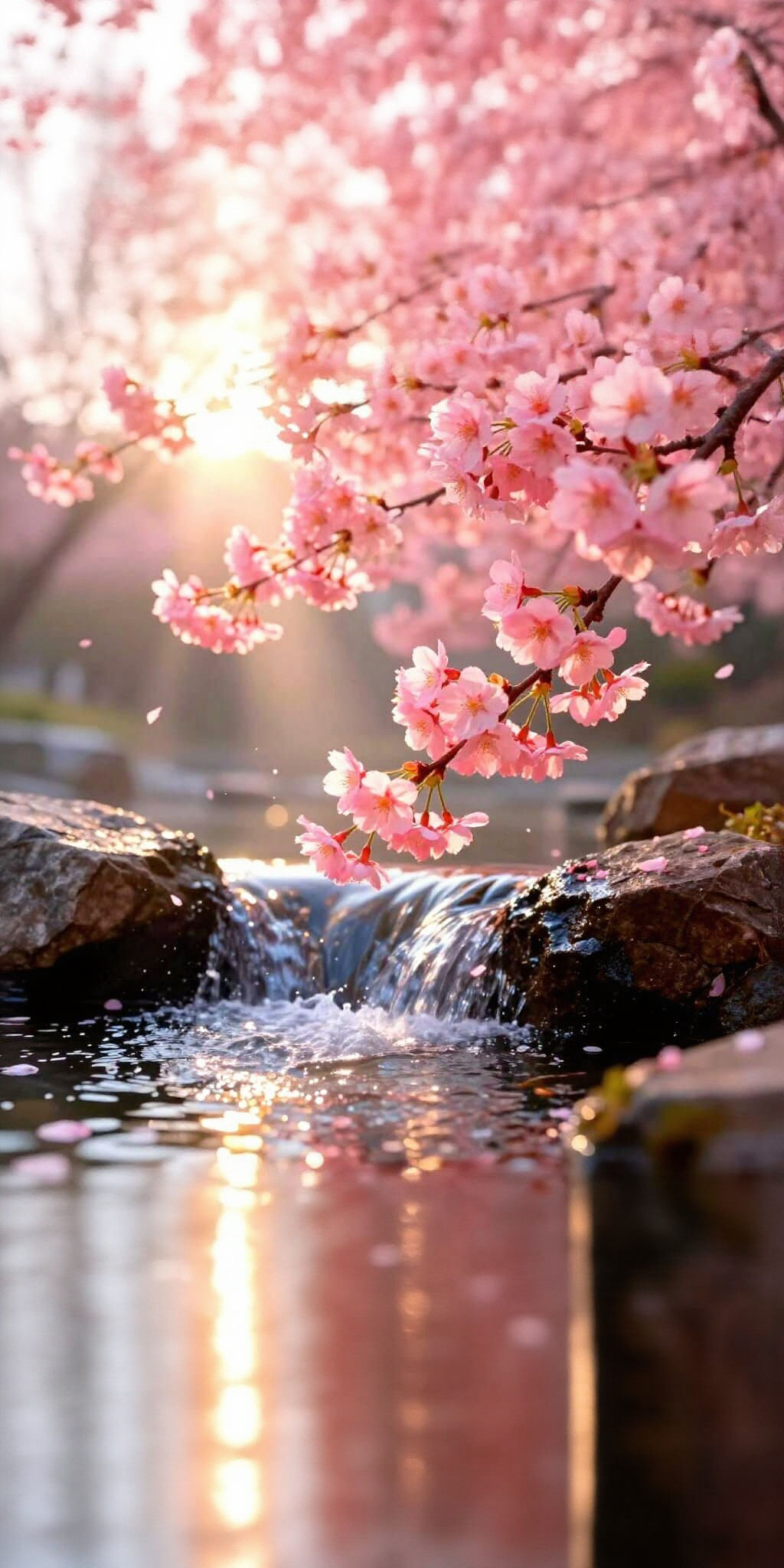 Vibrant Cherry Blossoms Cascade Over Dark Waterfall